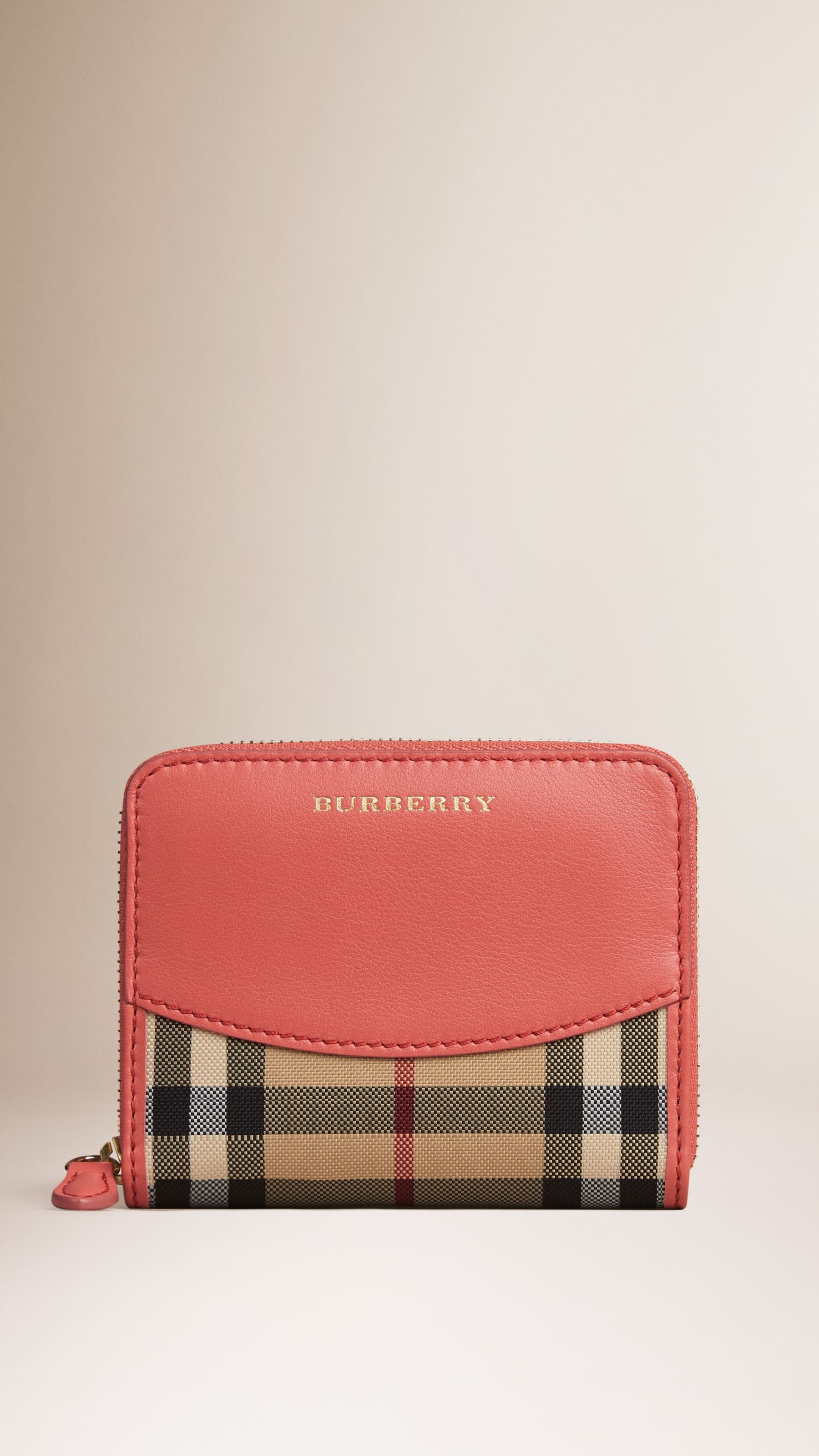 CORAL PINK Petit portefeuille zippé en tissu Horseferry check et cuir