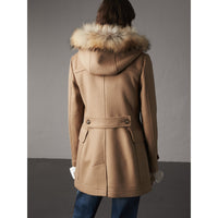 Duffle-coat en laine avec bordure en fourrure amovible - Camel