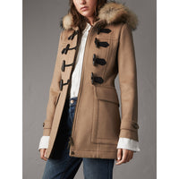 Duffle-coat en laine avec bordure en fourrure amovible - Camel