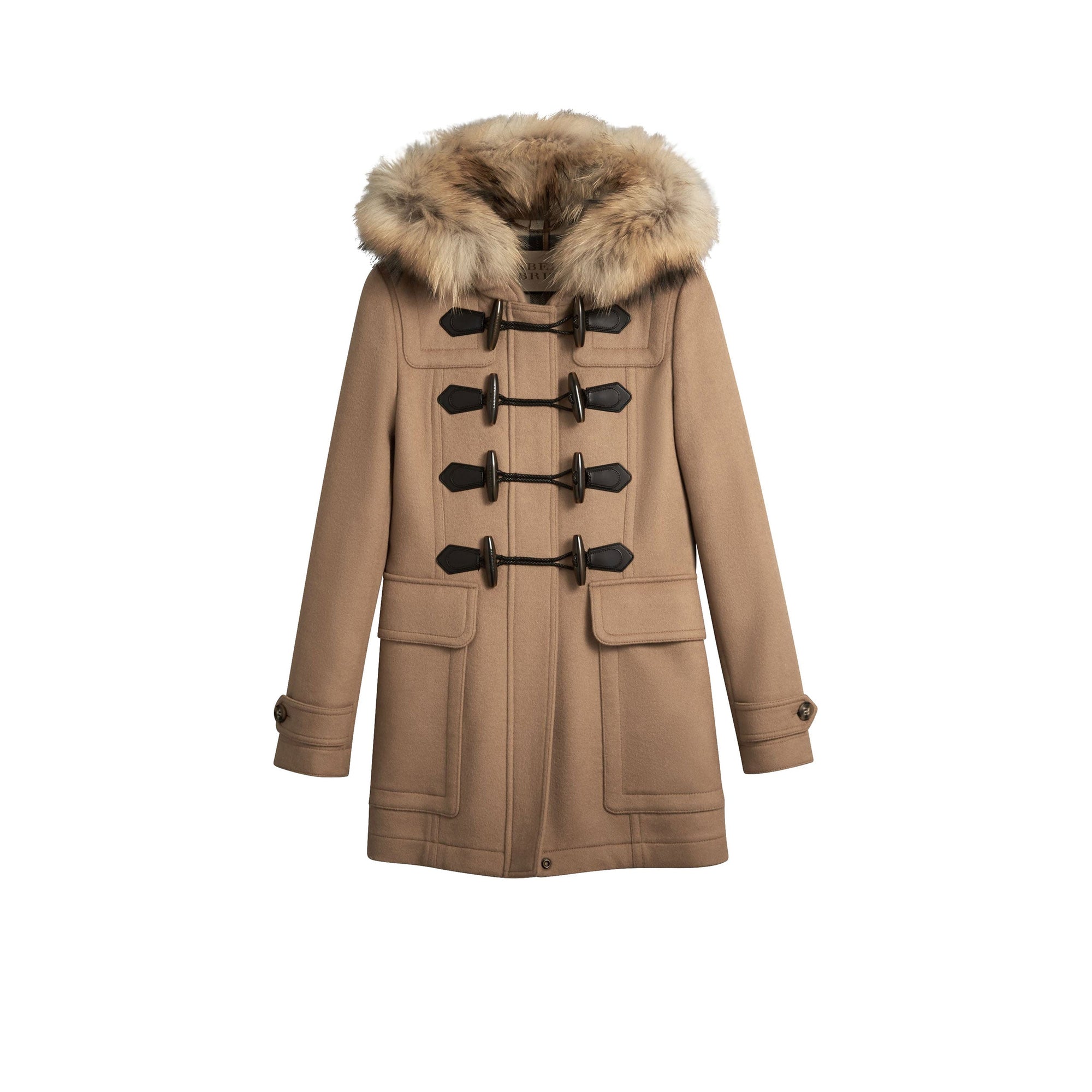 Duffle-coat en laine avec bordure en fourrure amovible - Camel