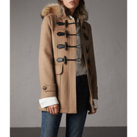 Duffle-coat en laine avec bordure en fourrure amovible - Camel
