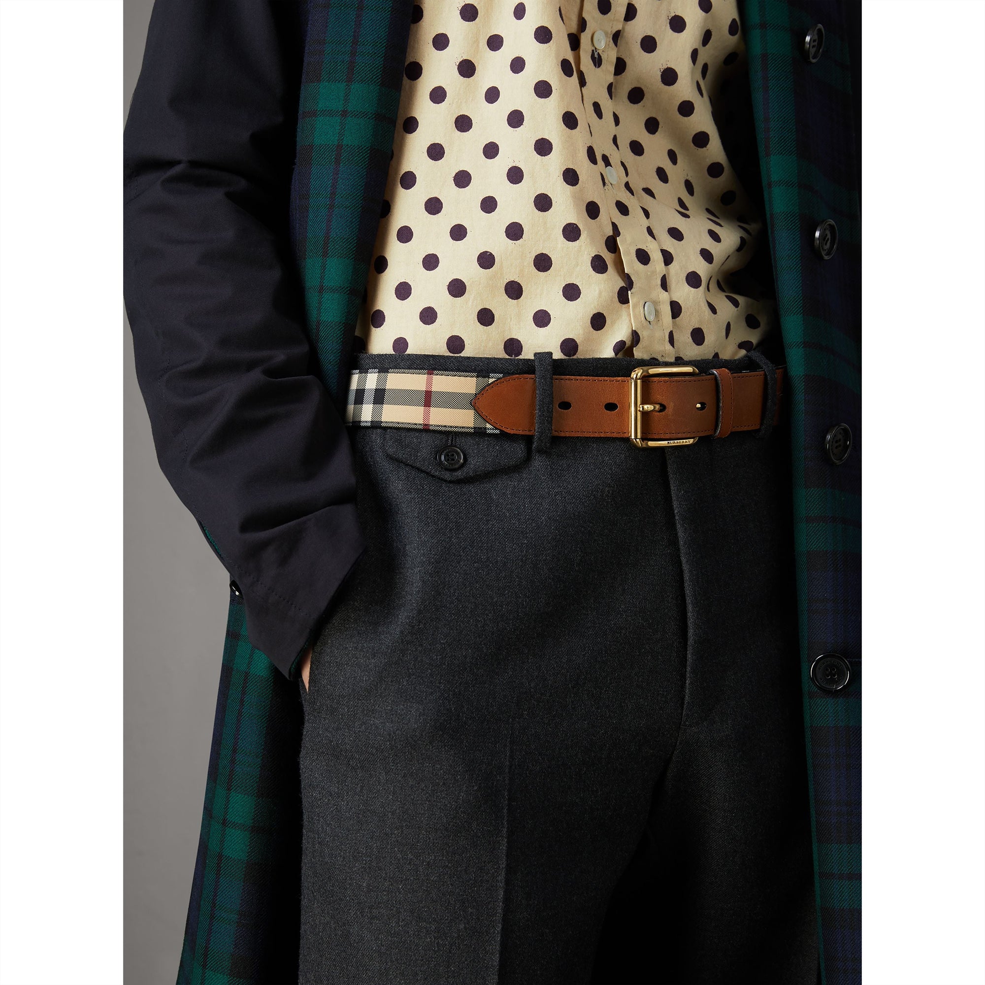 TAN Ceinture à motif Horseferry check avec éléments en cuir