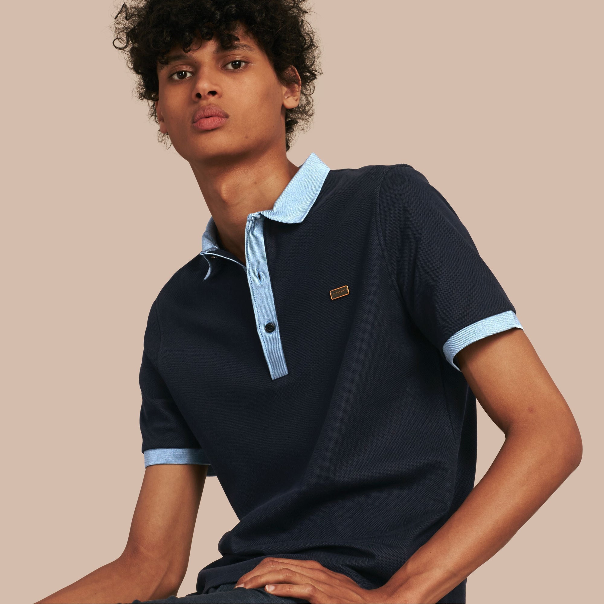 NAVY/PALE BLUE Polo en coton mercerisé