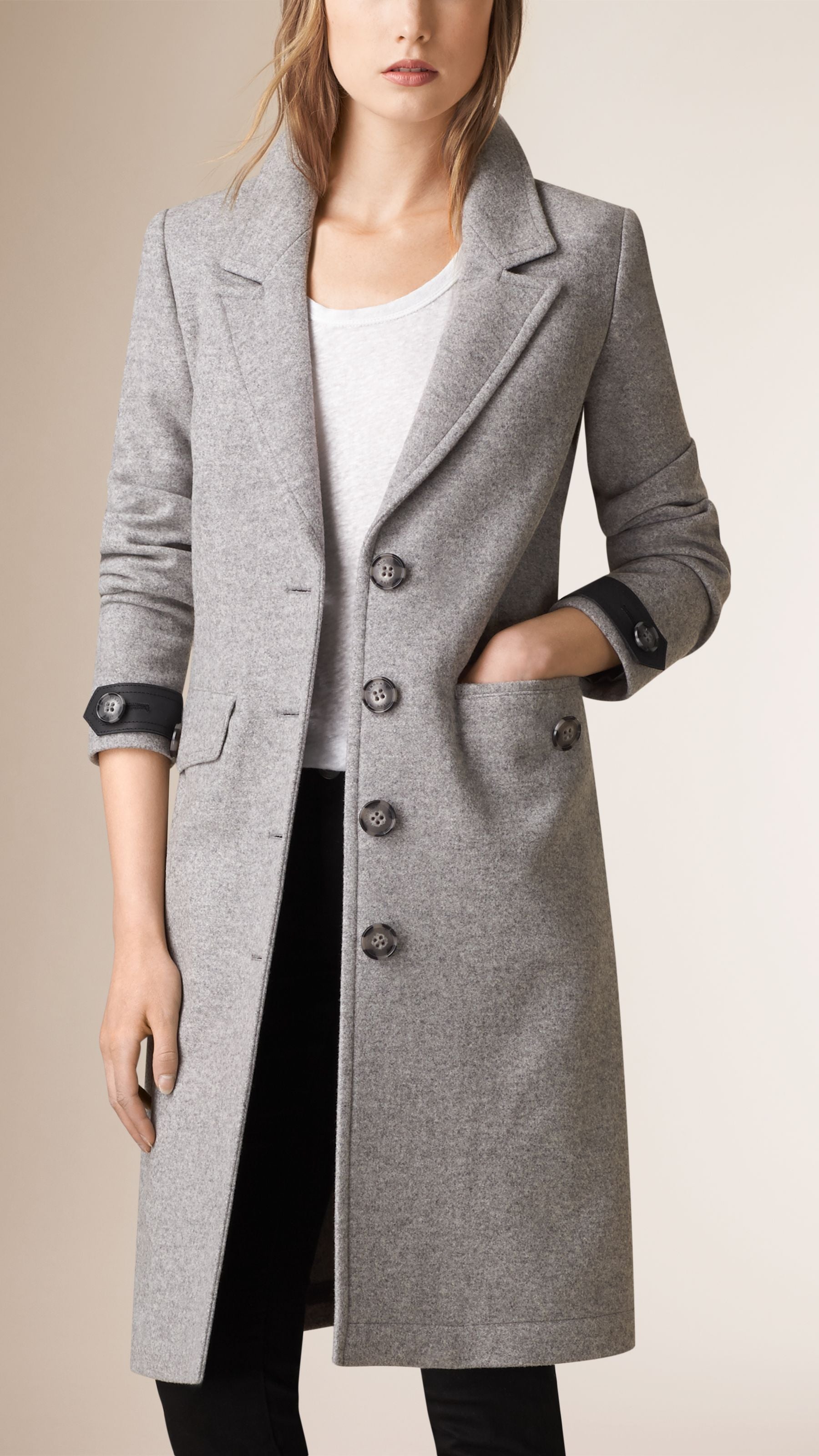 PALE GREY MELANGE Manteau en cachemire et laine Melton avec éléments en cuir