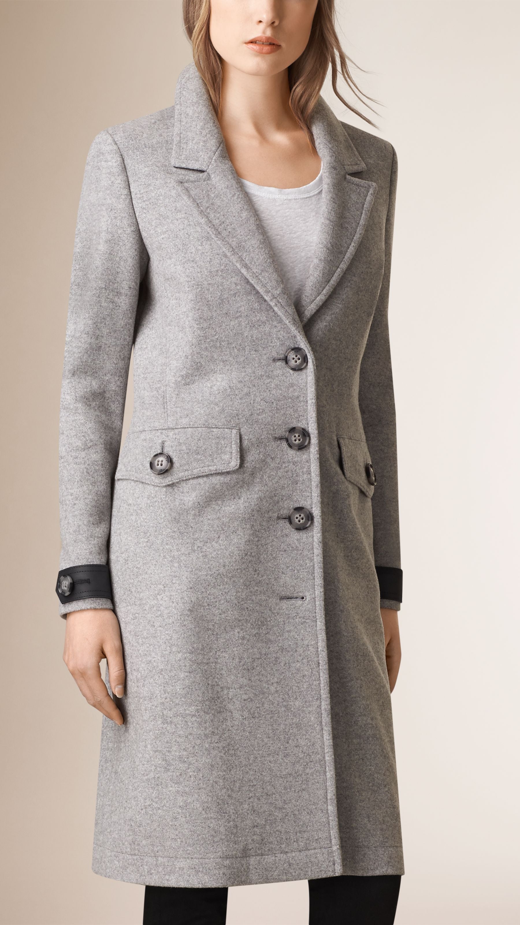PALE GREY MELANGE Manteau en cachemire et laine Melton avec éléments en cuir