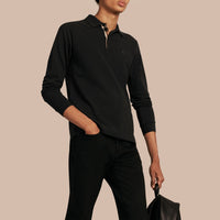 Polo à manches longues avec patte à motif check - Noir