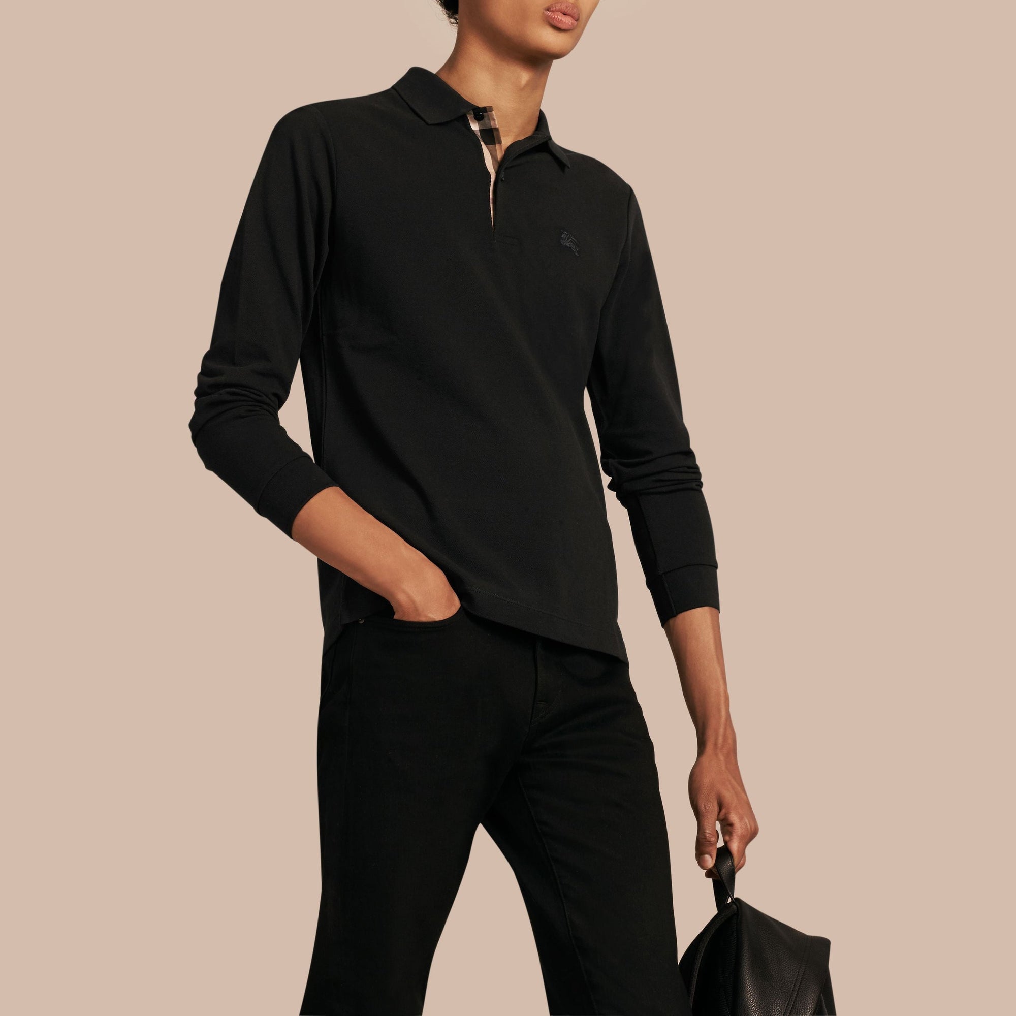 Polo à manches longues avec patte à motif check - Noir