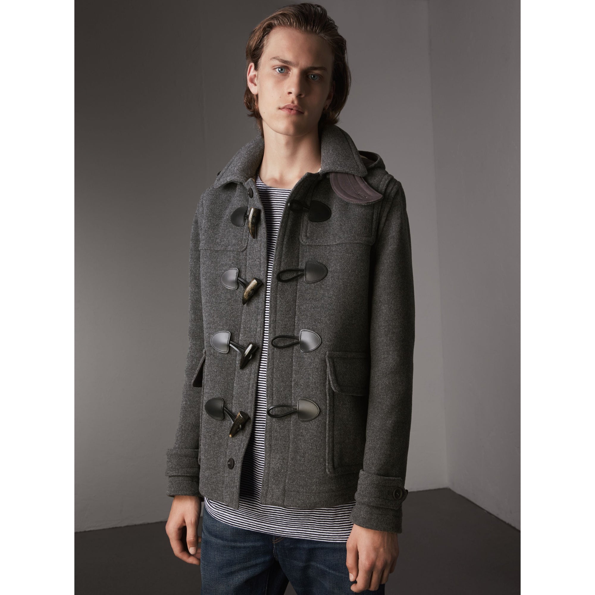 MID GREY MELANGE Veste duffle-coat en laine avec capuche amovible