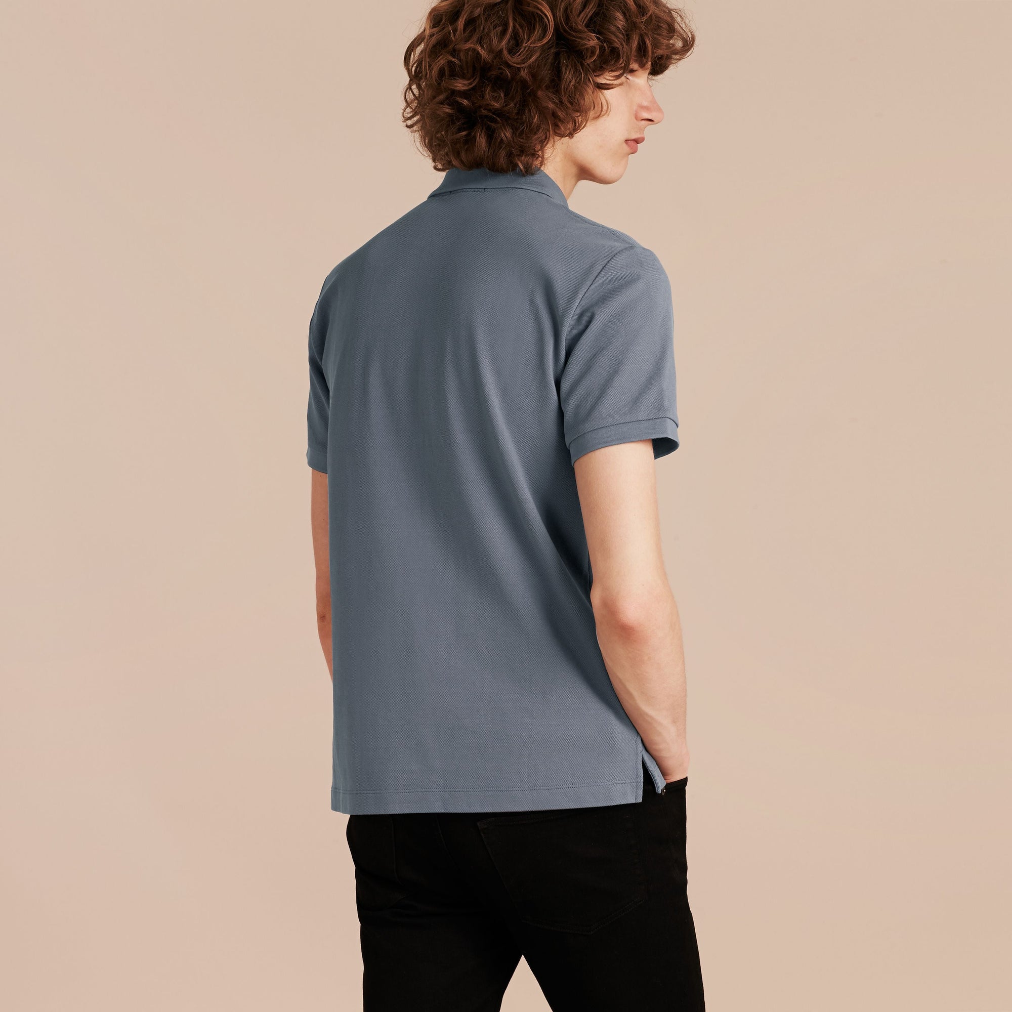 STONE BLUE Polo en piqué de coton avec patte à motif check