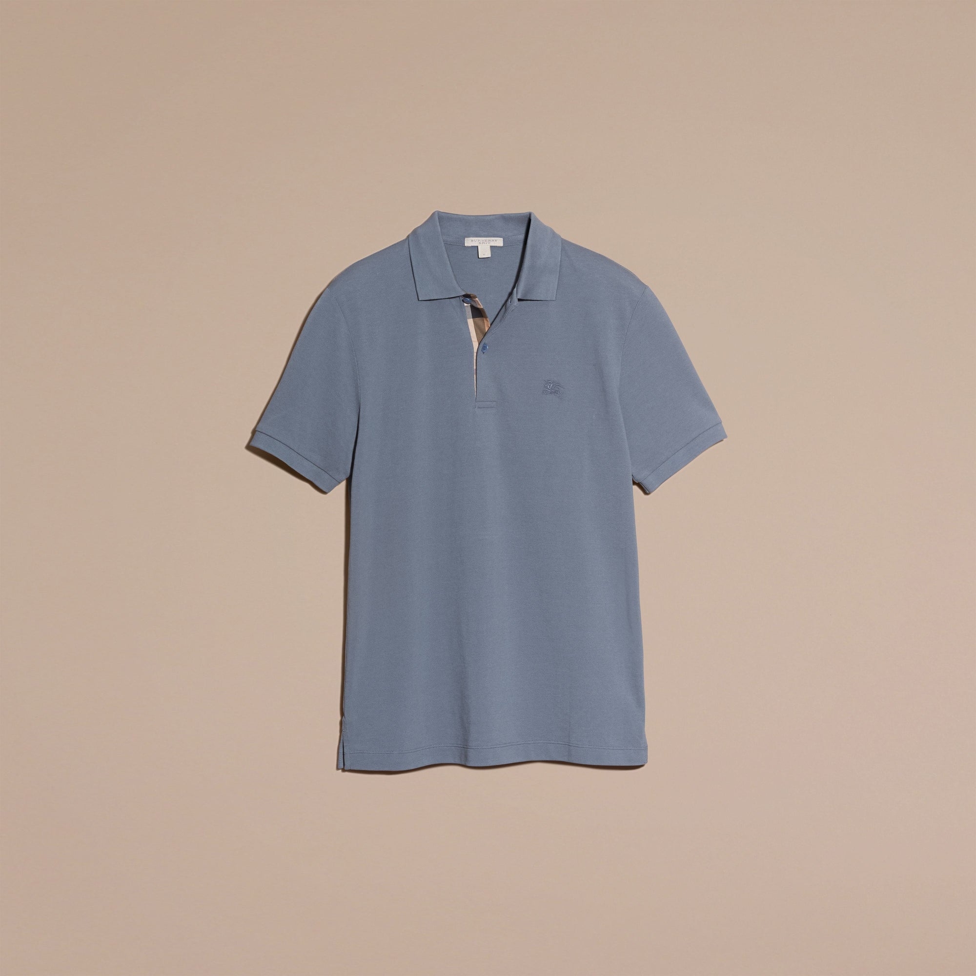 STONE BLUE Polo en piqué de coton avec patte à motif check