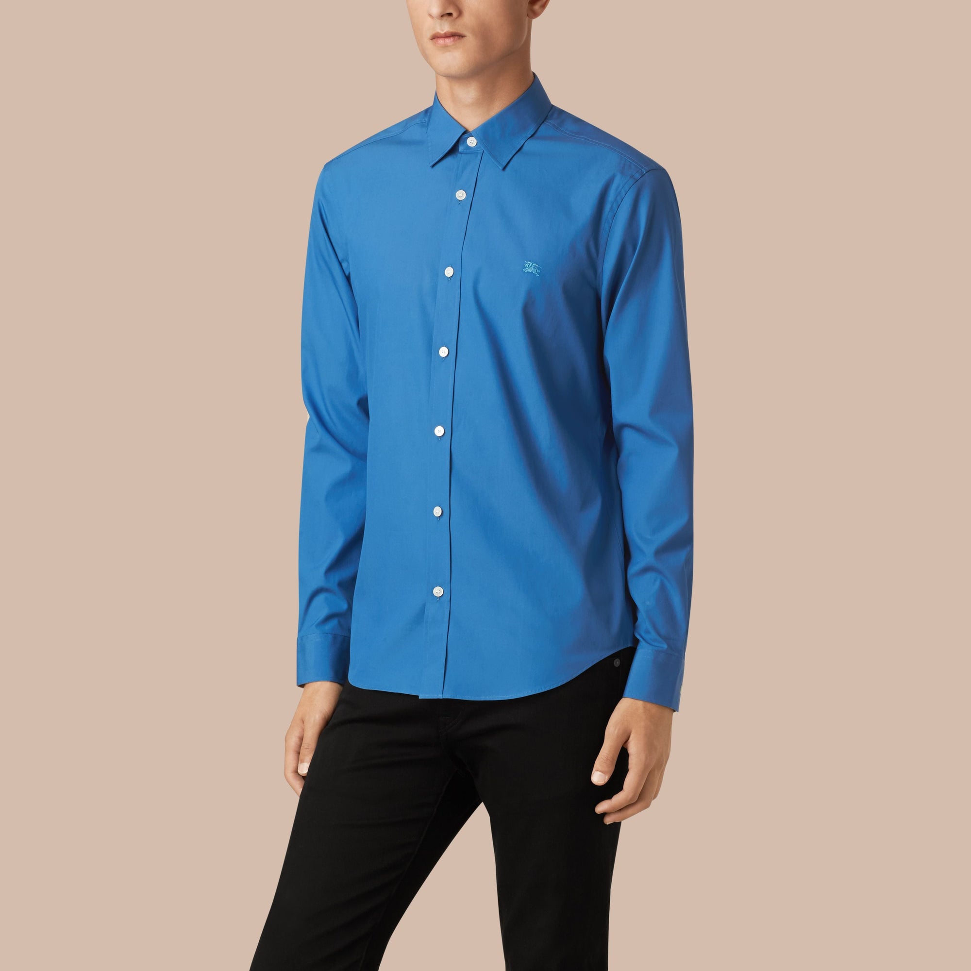 BLUE AZURE Chemise en popeline de coton extensible avec éléments check