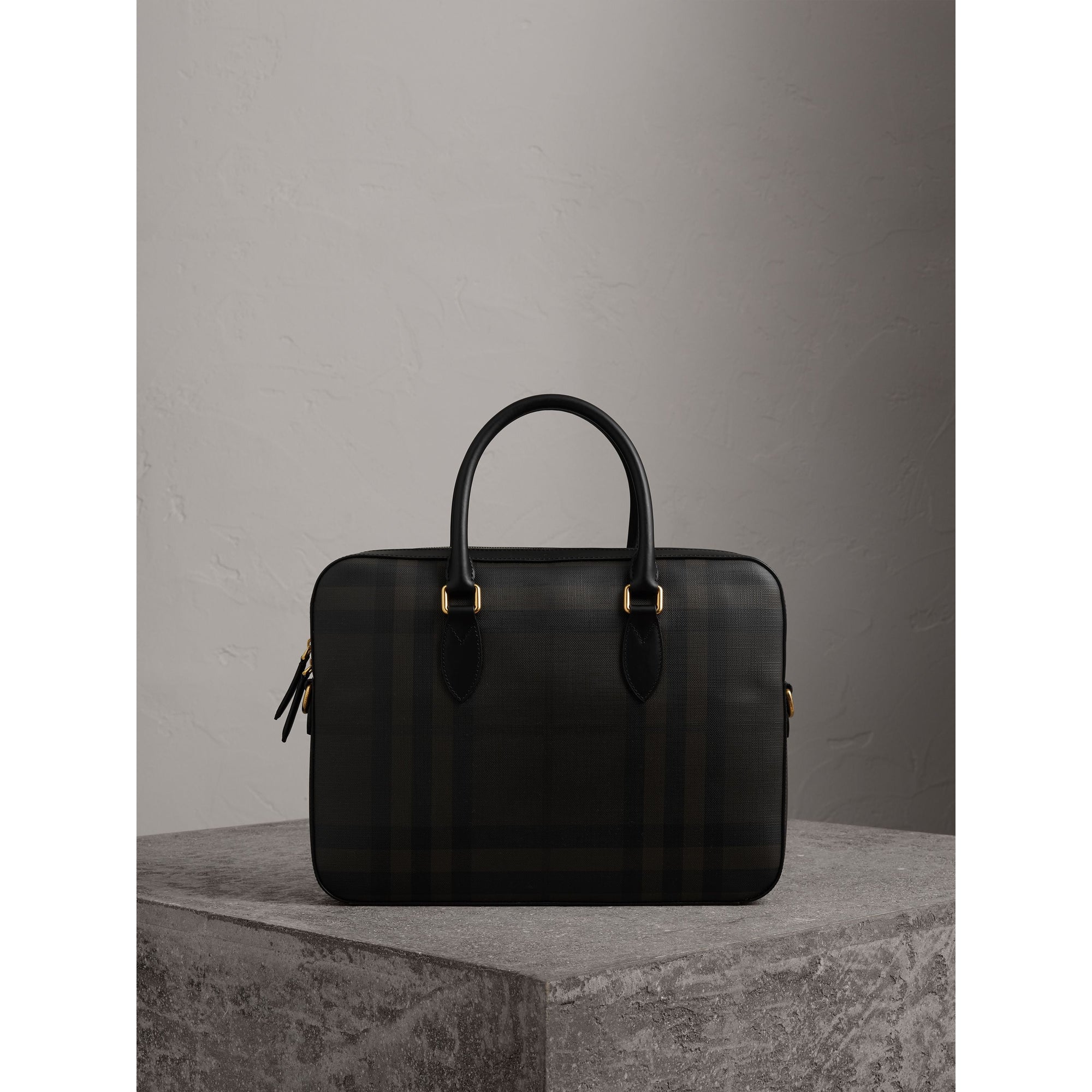 CHOCOLATE/BLACK Attaché-case medium à motif London check avec éléments en cuir