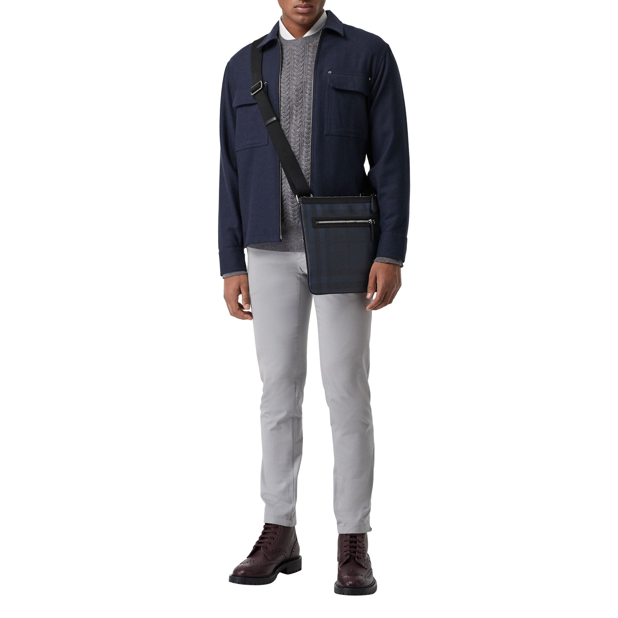 NAVY/BLACK Sac à bandoulière à motif Smoked check avec éléments en cuir