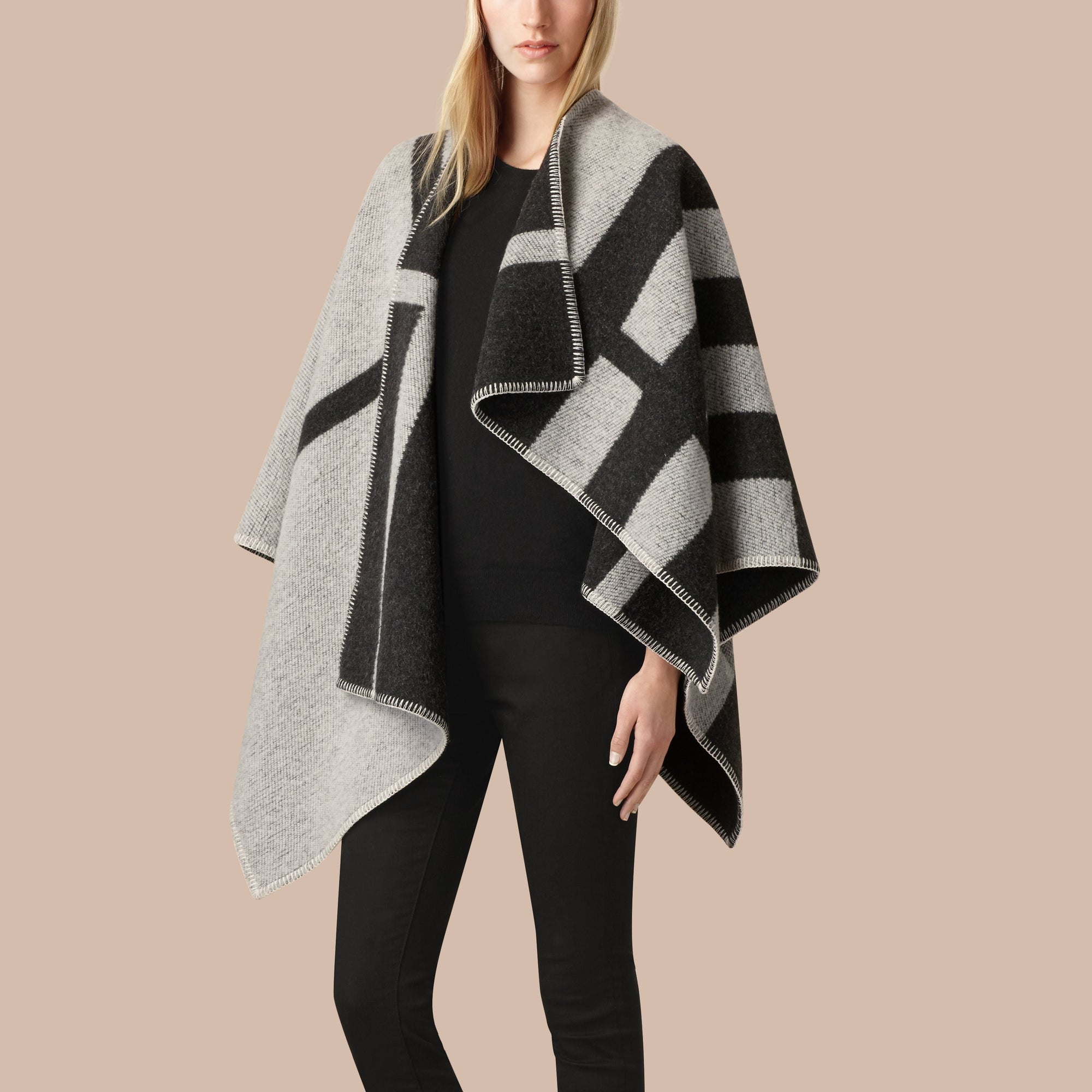 NATURAL WHITE Poncho plaid en laine et cachemire à motif check