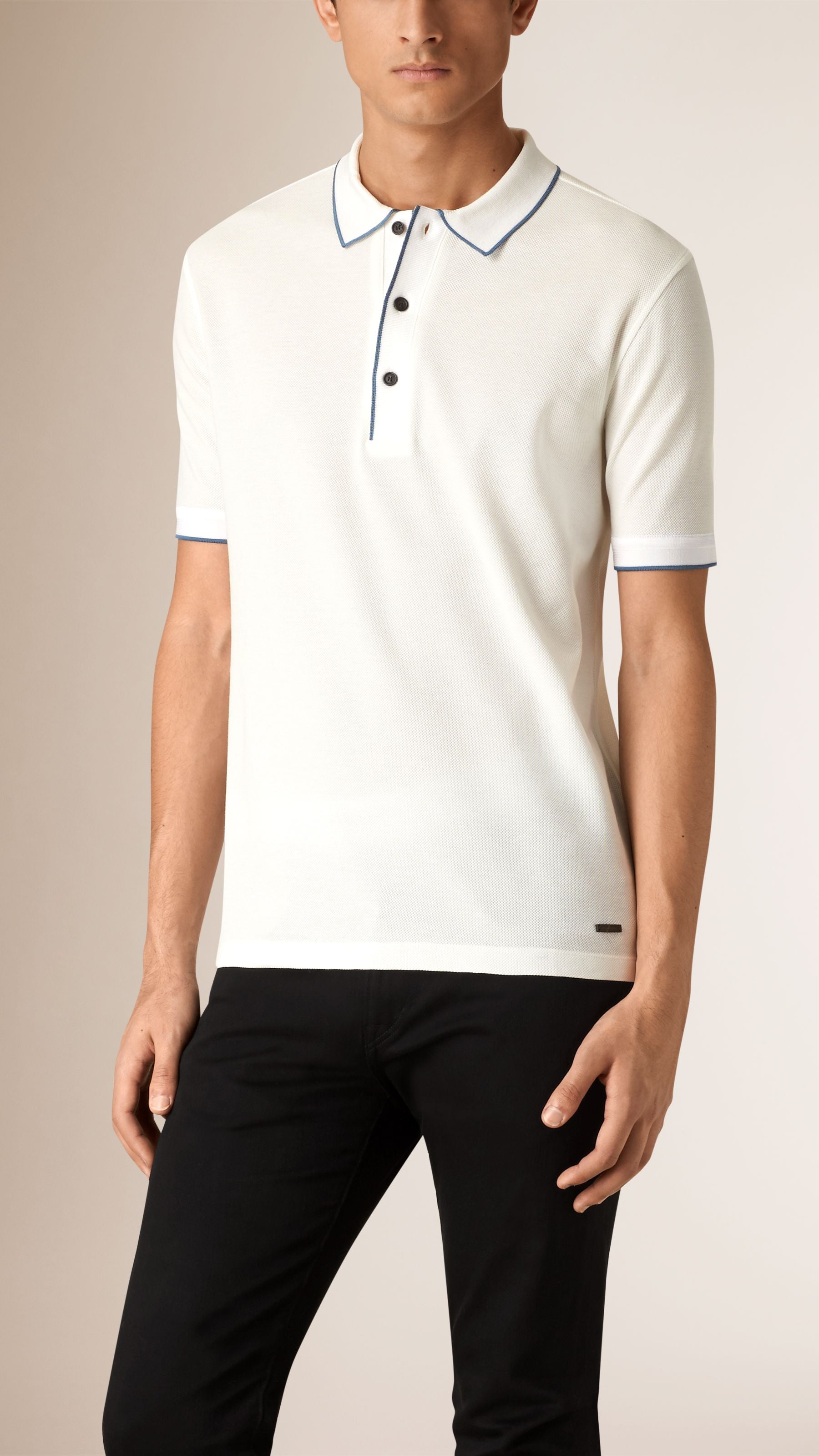 WHITE/BLUE AZURE Polo en piqué de coton à bande contrastante