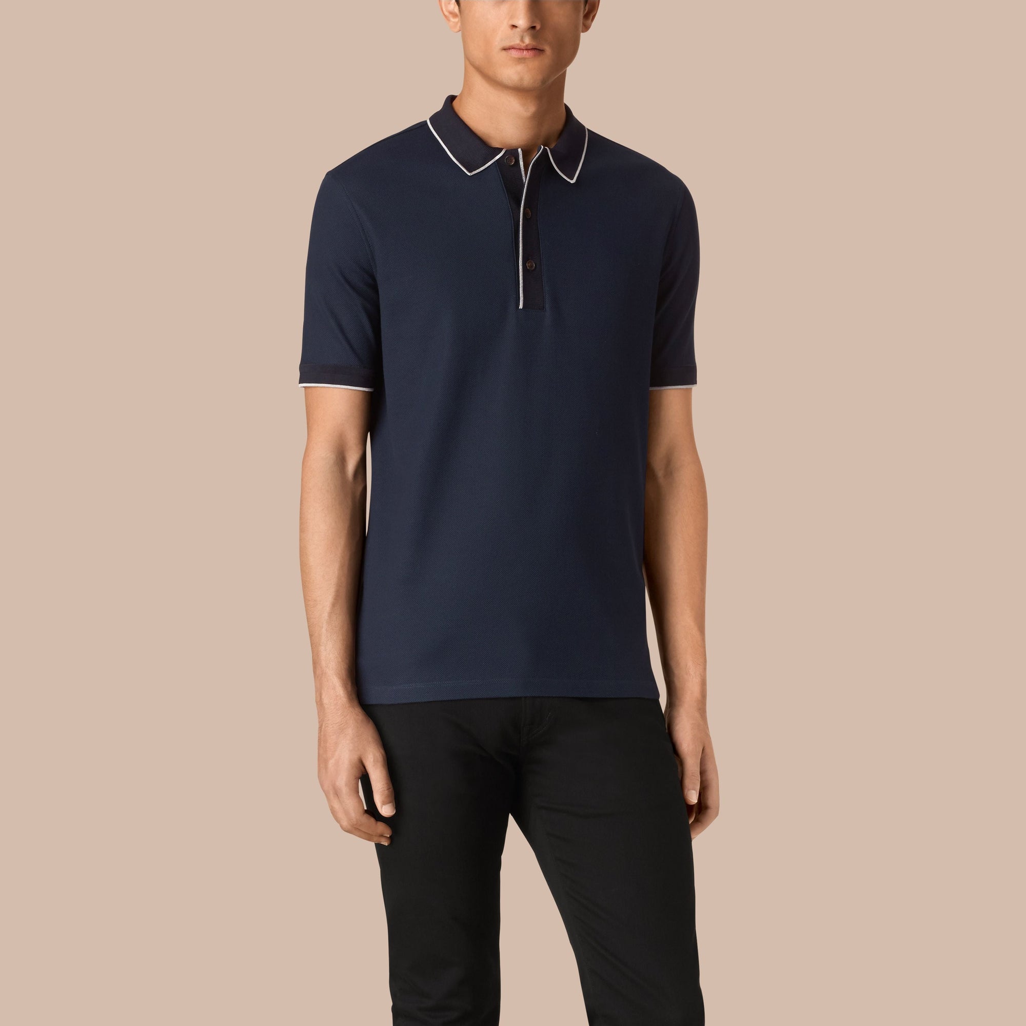 NAVY/GREY Polo en piqué de coton à bande contrastante