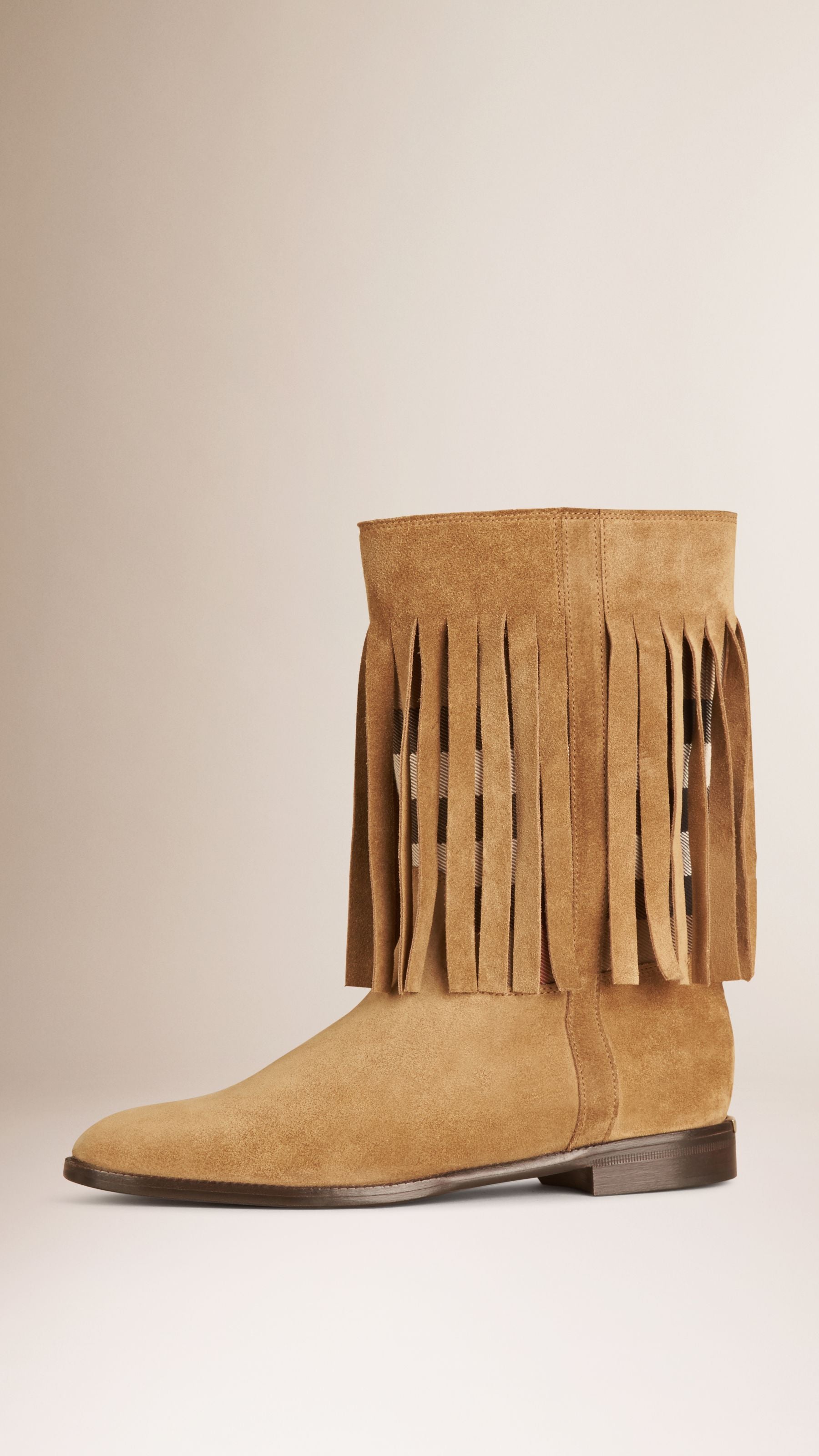 SANDSTONE Bottes en cuir velours à empiècement check et franges