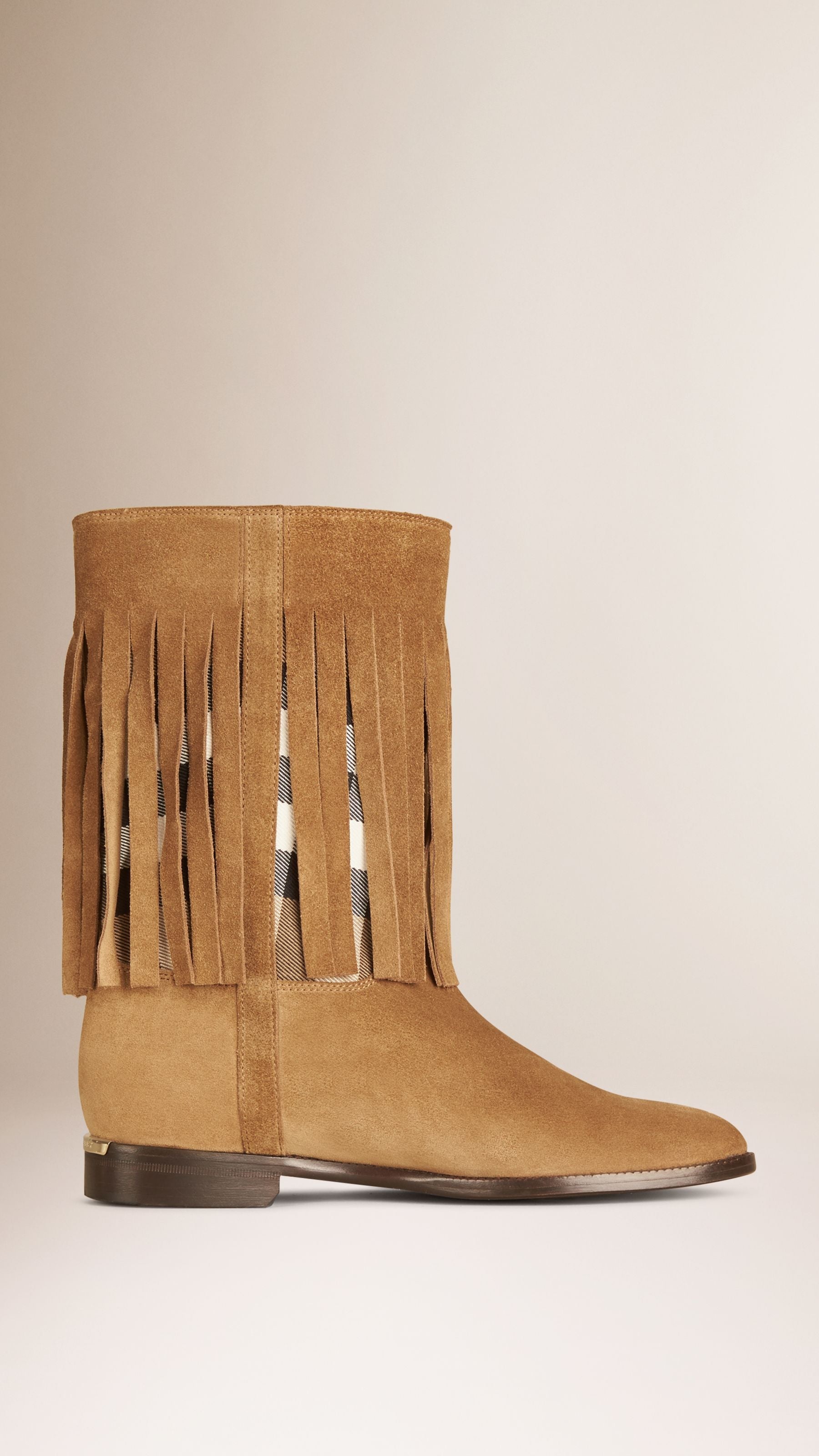 SANDSTONE Bottes en cuir velours à empiècement check et franges