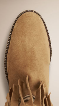 SANDSTONE Bottes en cuir velours à empiècement check et franges