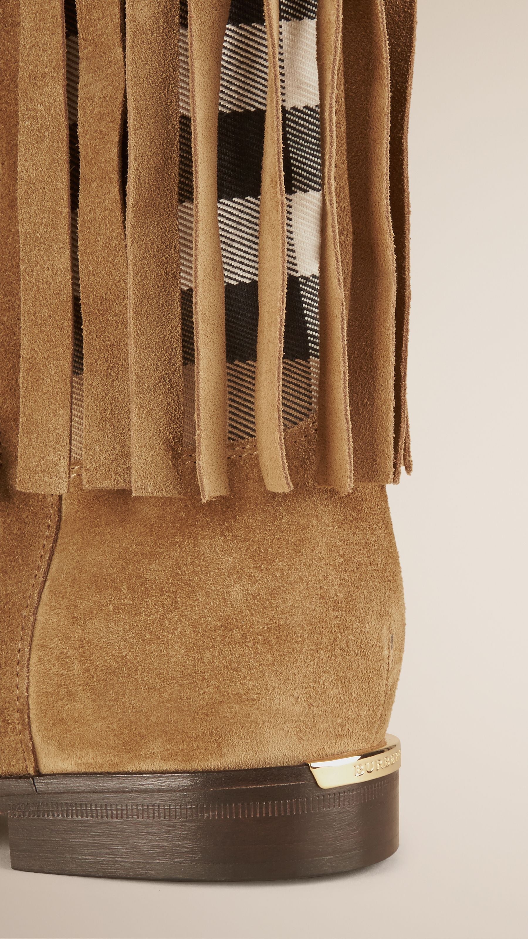 SANDSTONE Bottes en cuir velours à empiècement check et franges