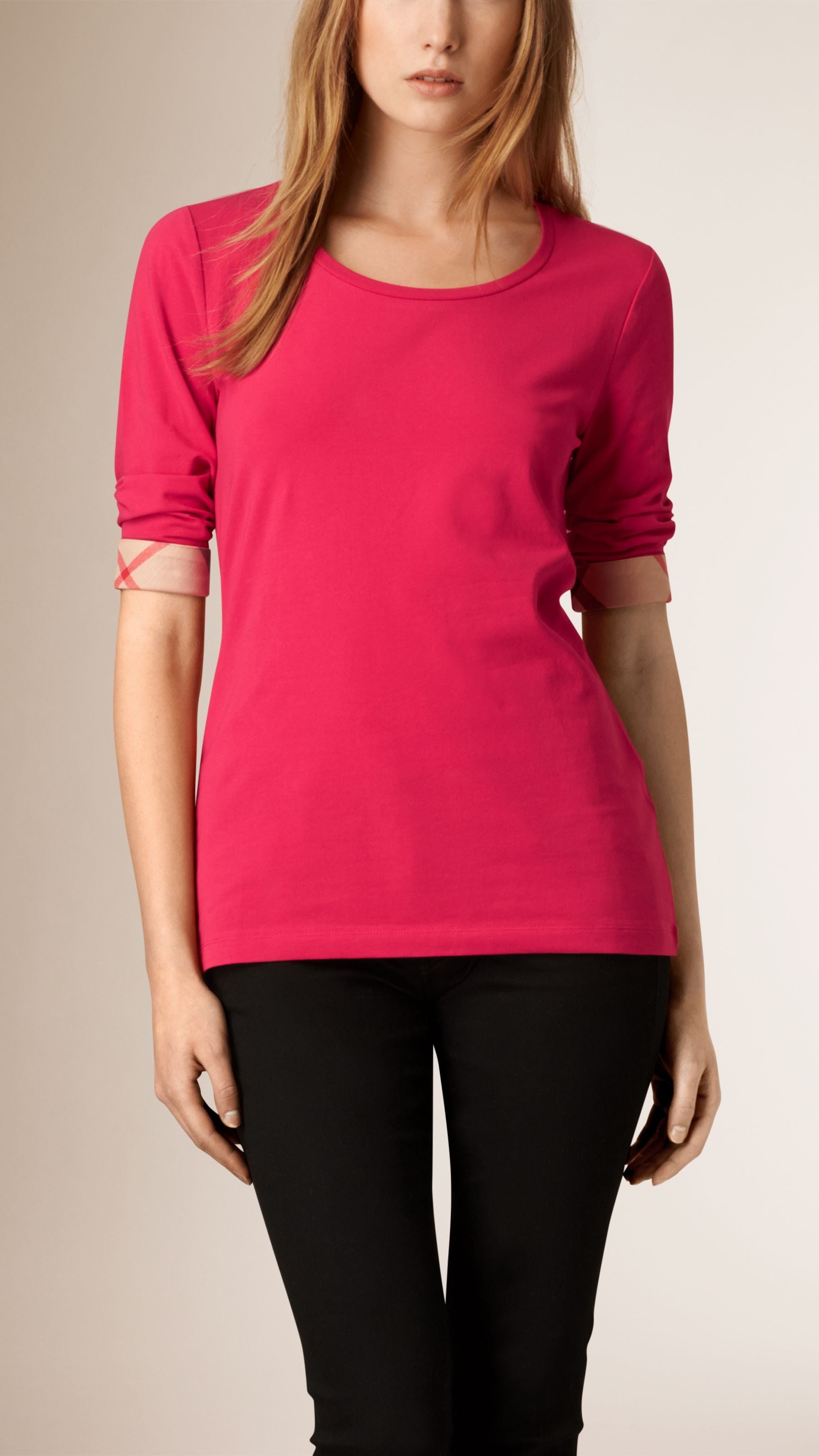 BRIGHT CRIMSON PINK Haut en coton extensible avec poignets à motif check