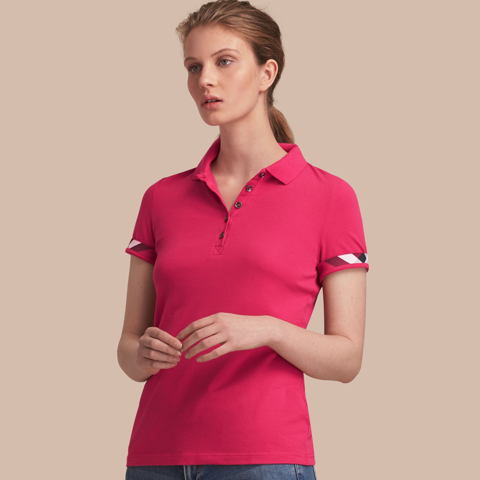 BRIGHT HIBISCUS Polo en piqué de coton extensible avec éléments check