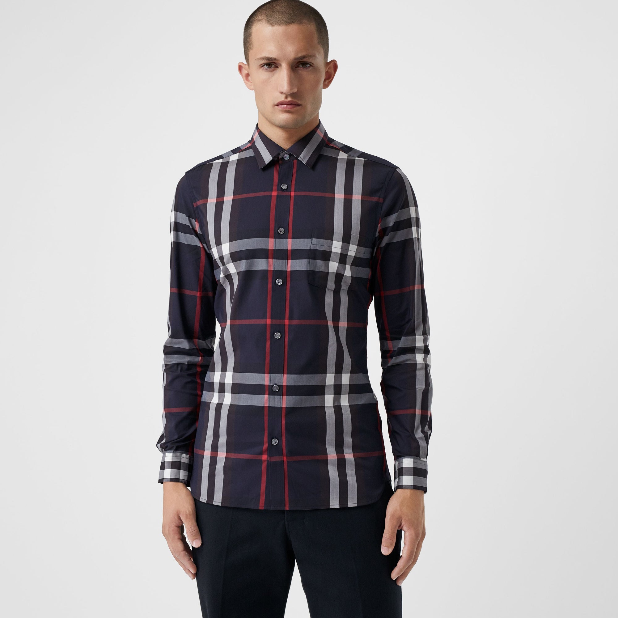NAVY Chemise en coton extensible à motif check