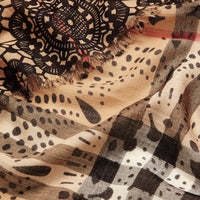 CAMEL/BLACK Écharpe en laine et soie à motif check et imprimé en dentelle façon patchwork