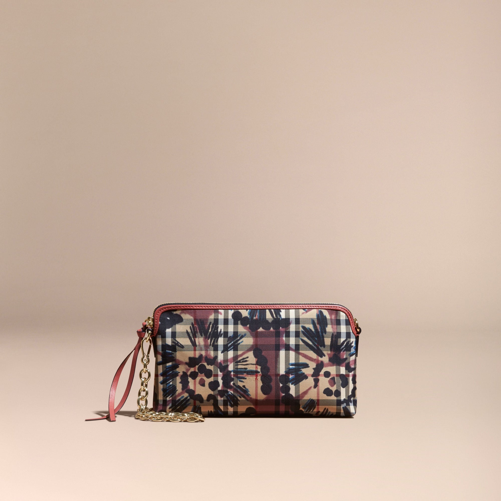 MAUVE PNK/ANTQ ROSE Clutch à motif Horseferry check et imprimé tie and dye avec éléments en cuir