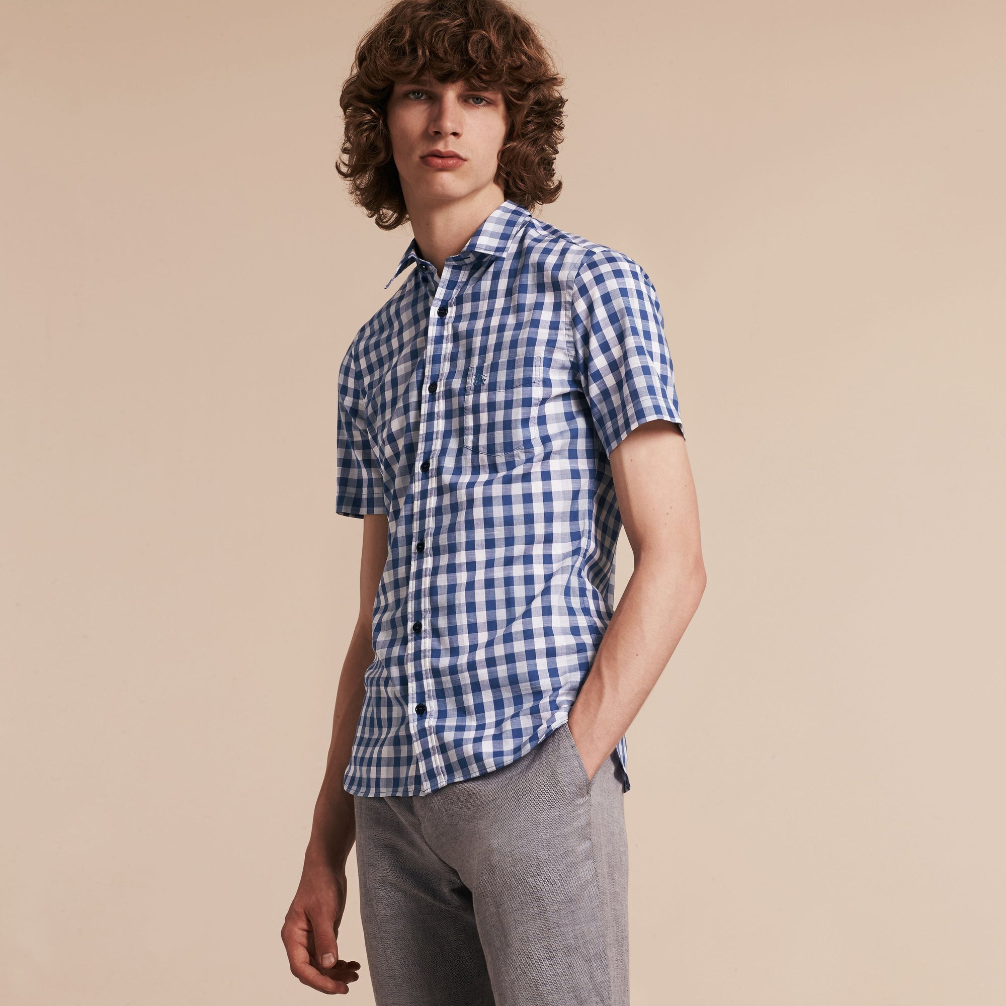 BRIGHT STEEL BLUE Chemise à manches courtes en coton à motif vichy