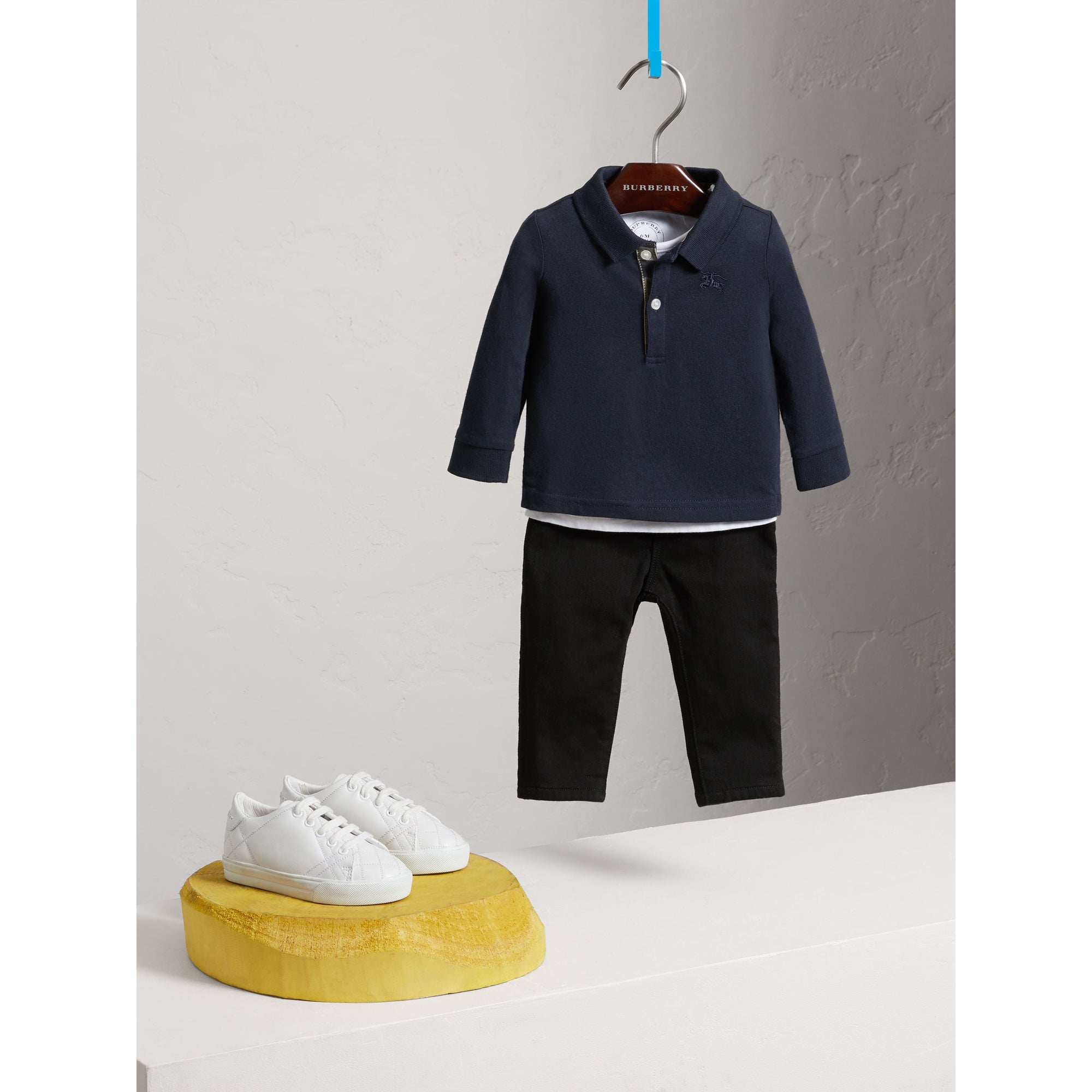 TRUE NAVY Polo à manches longues en coton avec éléments check