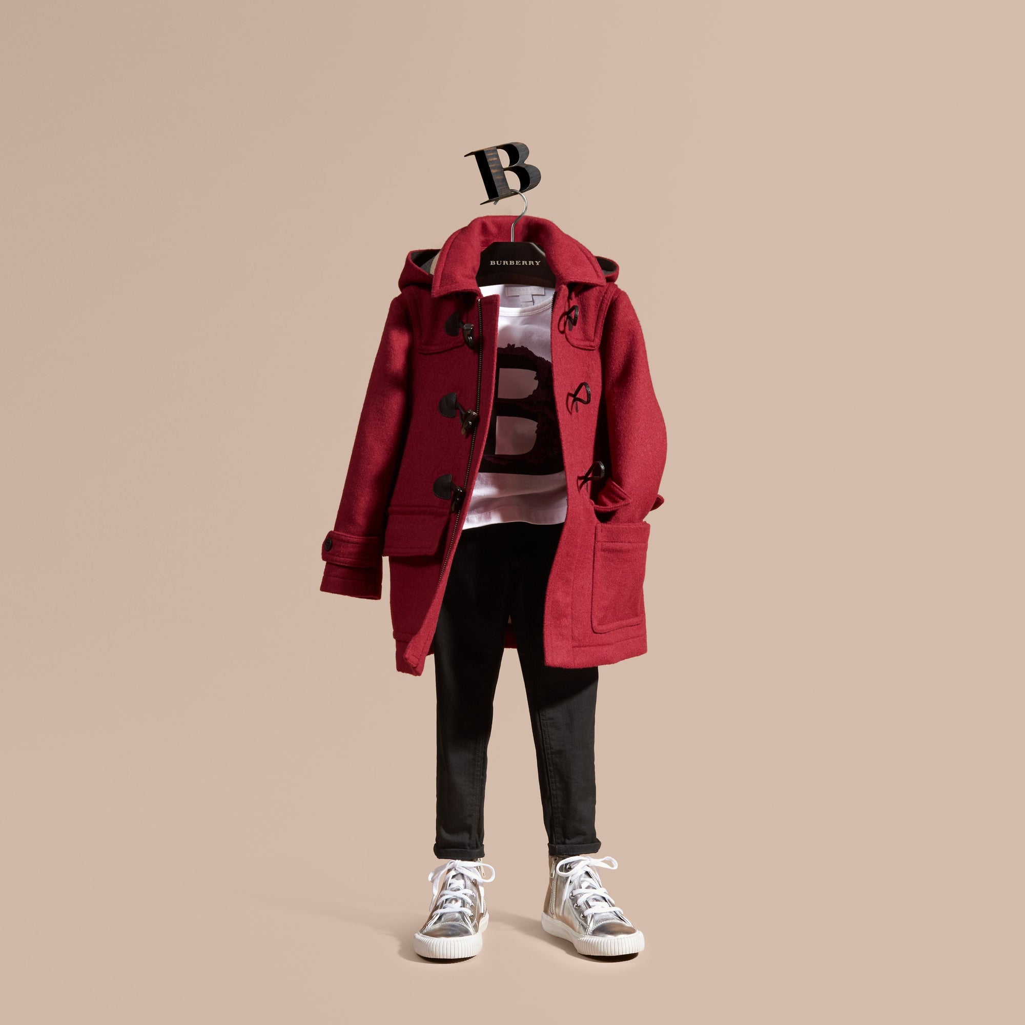 CLARET PINK Duffle-coat en laine à capuche doublée du motif check