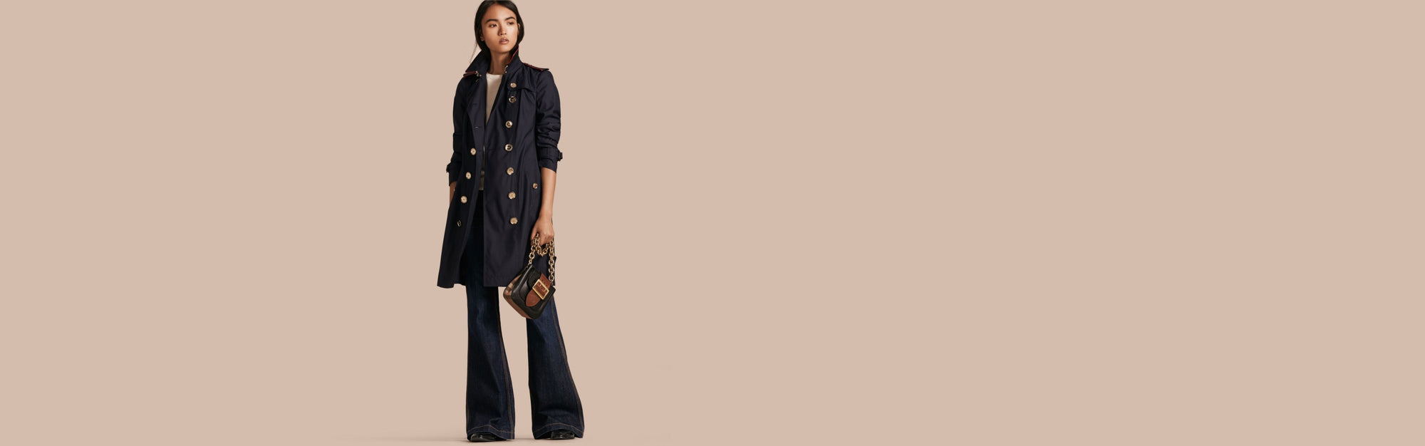Trench-coat en soie et laine avec passepoil - Marine