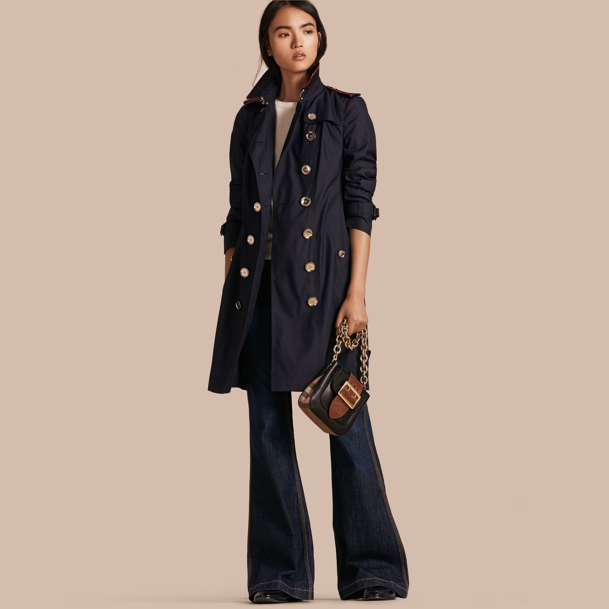 Trench-coat en soie et laine avec passepoil - Marine