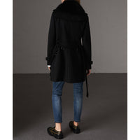 Trench-coat en laine et cachemire avec col en fourrure - Noir