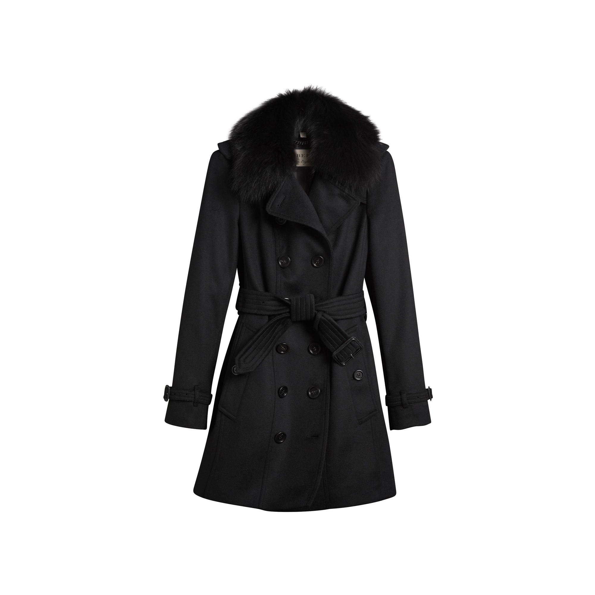 Trench-coat en laine et cachemire avec col en fourrure - Noir