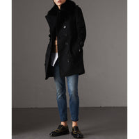 Trench-coat en laine et cachemire avec col en fourrure - Noir