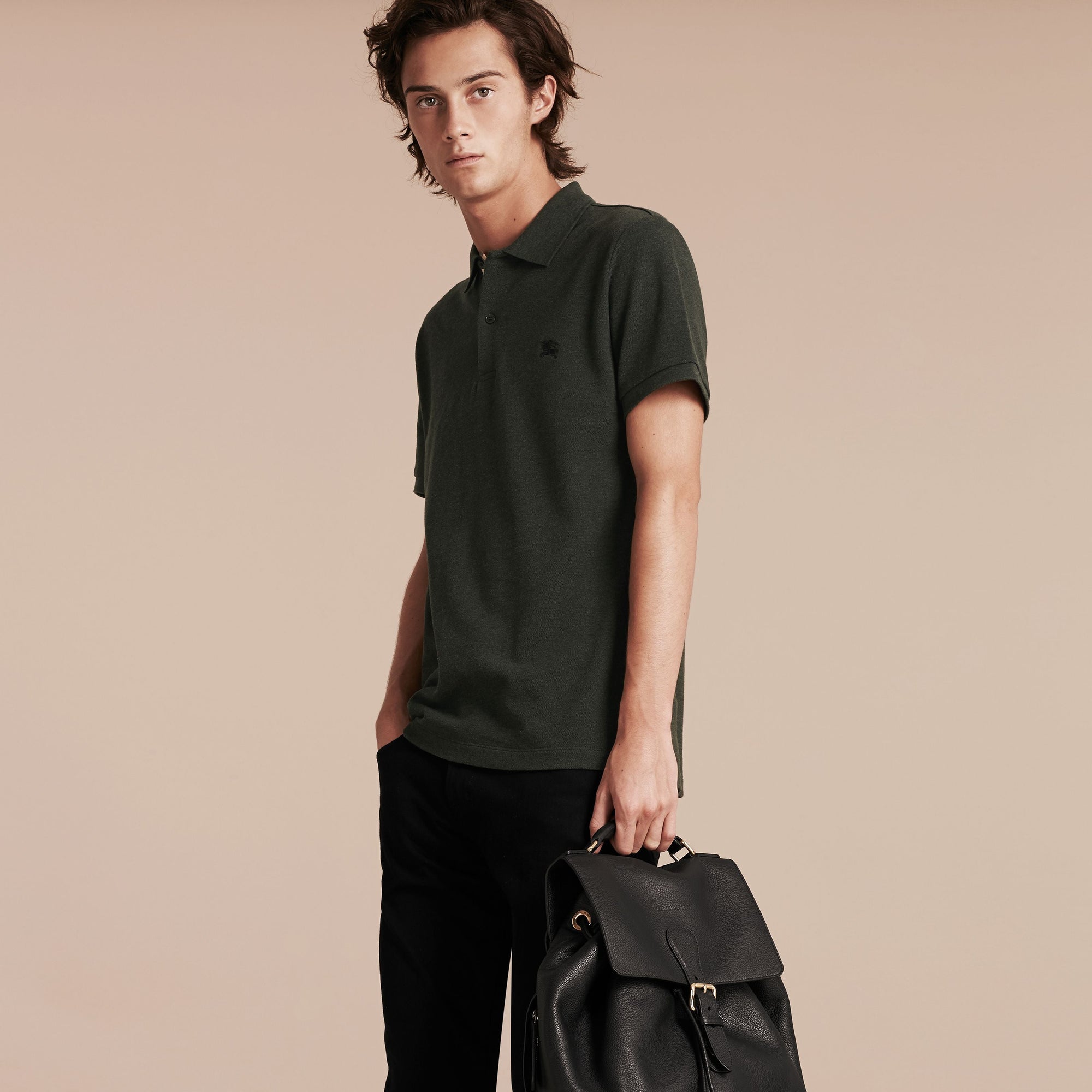RACING GREEN MELANGE Polo en piqué de coton avec patte à motif check