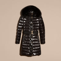 BLACK Manteau rembourré en duvet à capuche amovible bordée de fourrure