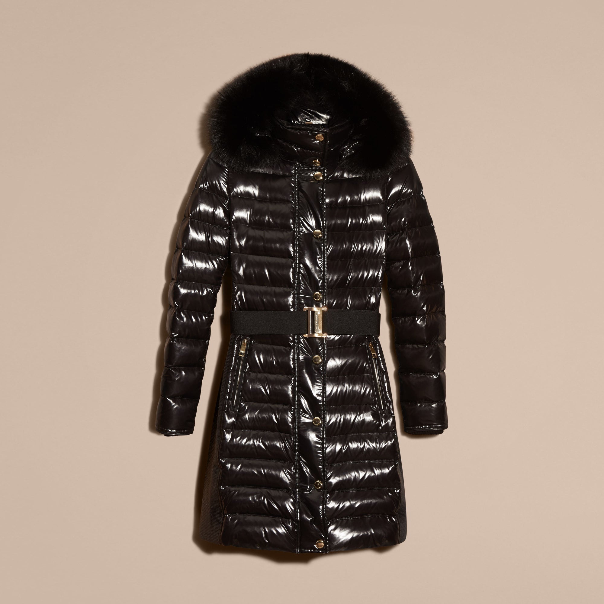 BLACK Manteau rembourré en duvet à capuche amovible bordée de fourrure