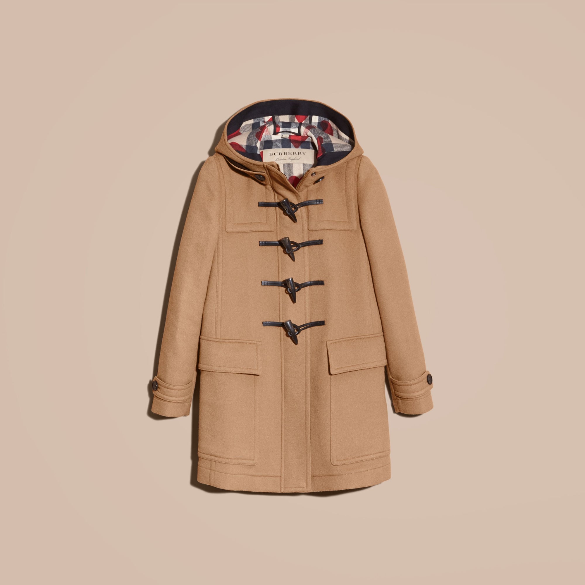 NEW CAMEL Duffle-coat en laine avec doublure à motif check et à cœurs