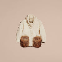 NATURAL WHITE Cardigan en laine et cachemire à col châle et garnitures en fourrure
