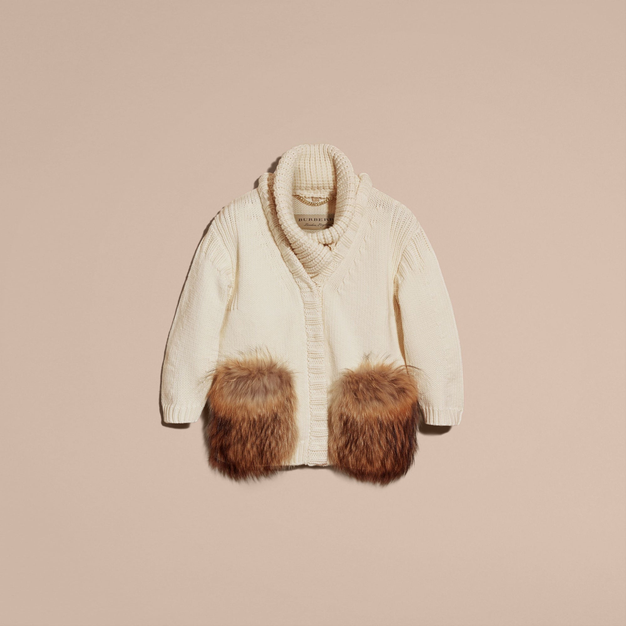 NATURAL WHITE Cardigan en laine et cachemire à col châle et garnitures en fourrure