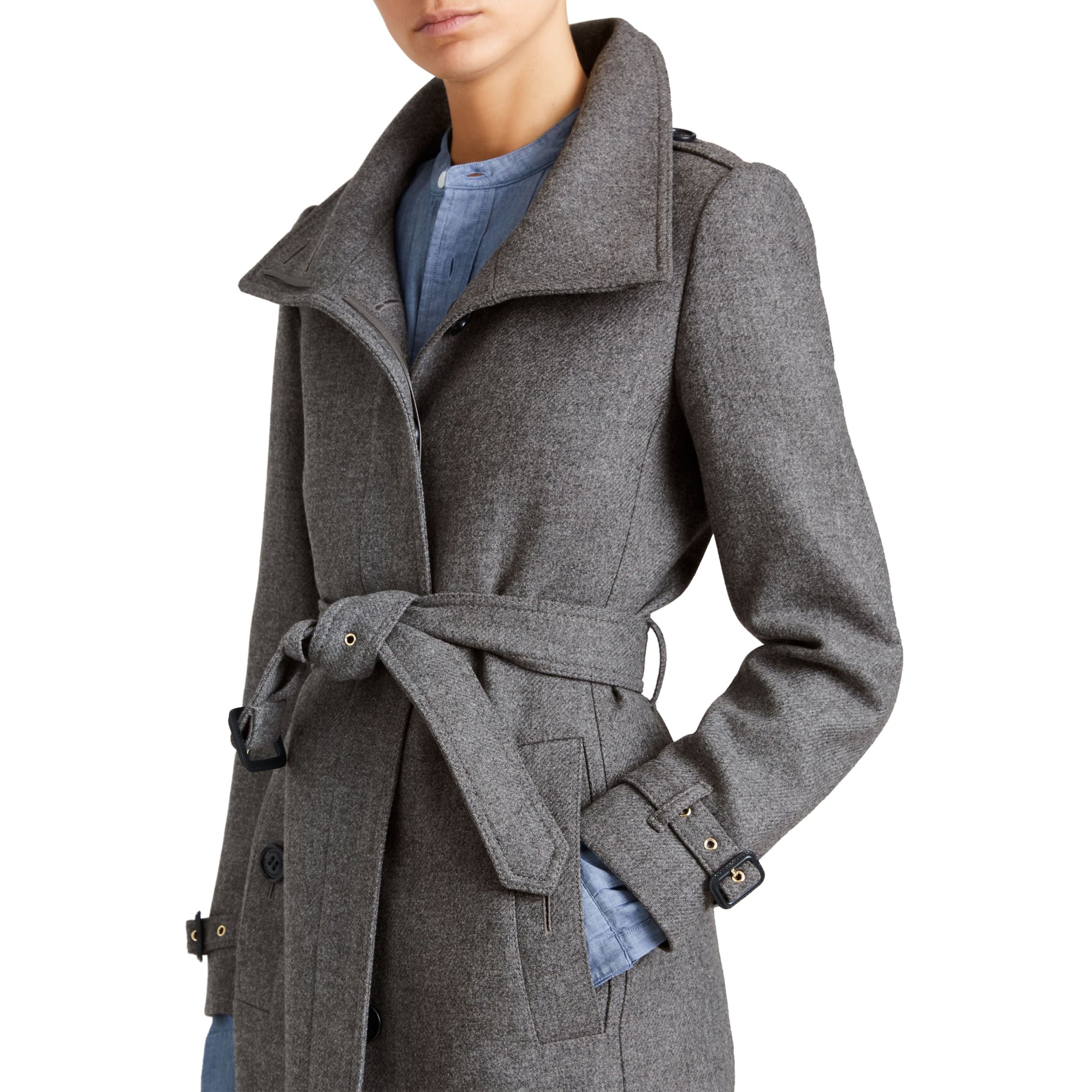 STEEL GREY MELANGE Manteau en laine technique et cachemire avec col entonnoir