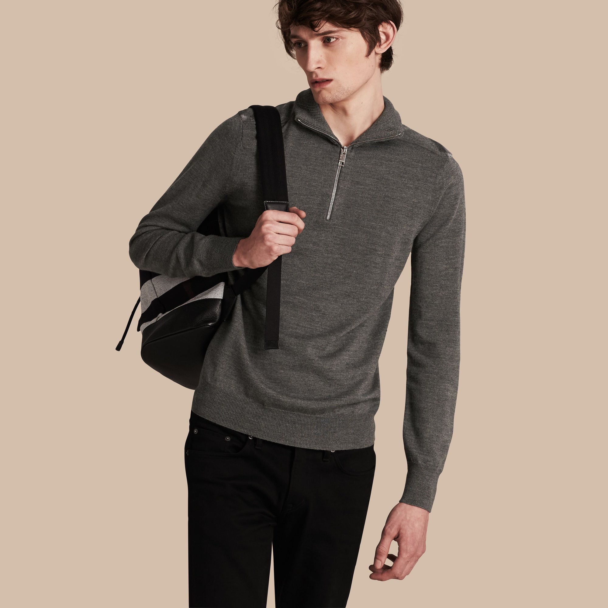 MID GREY MEL Pull en laine mérinos à col zippé