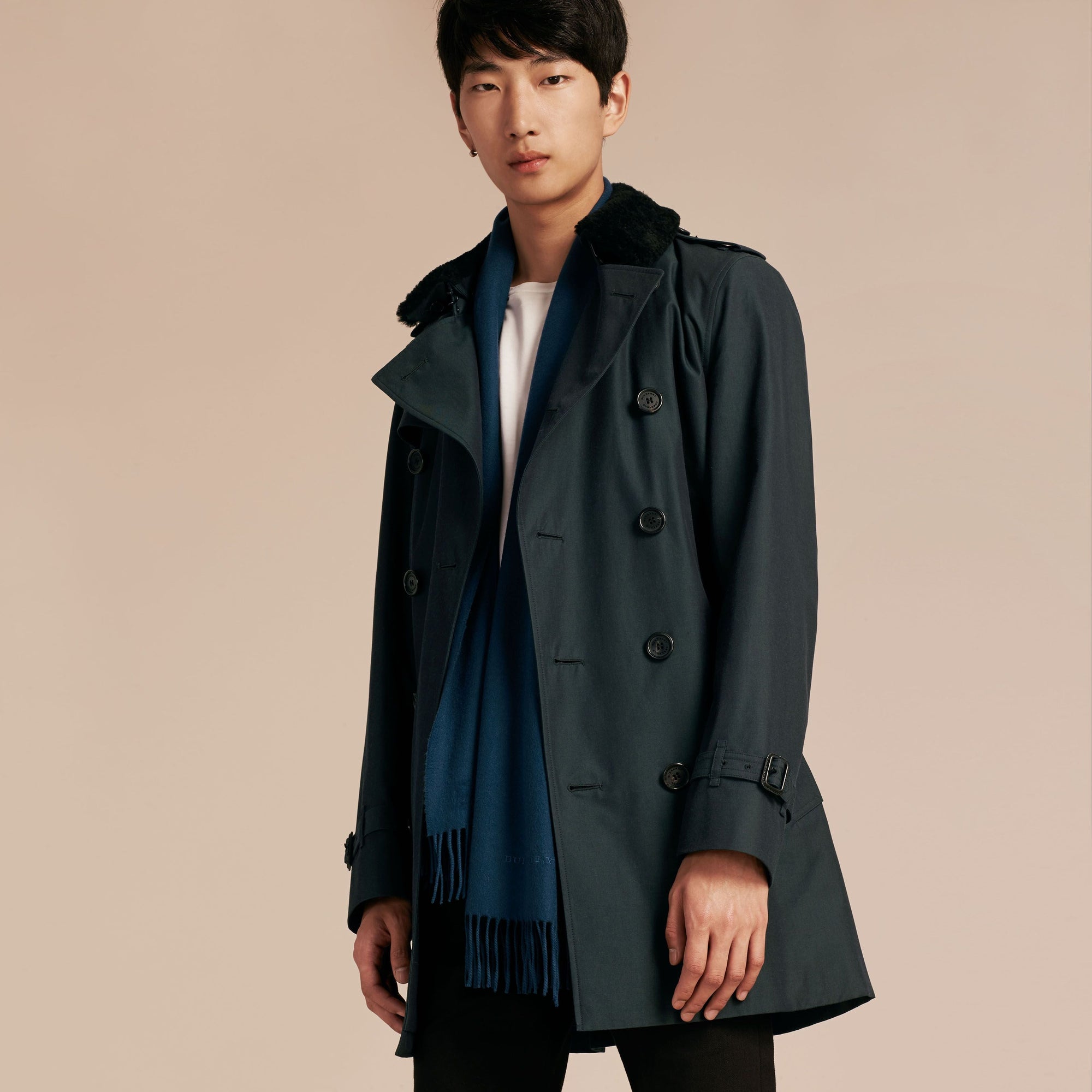 RACING GREEN Trench-coat en gabardine de coton avec surcol en shearling et gilet intérieur