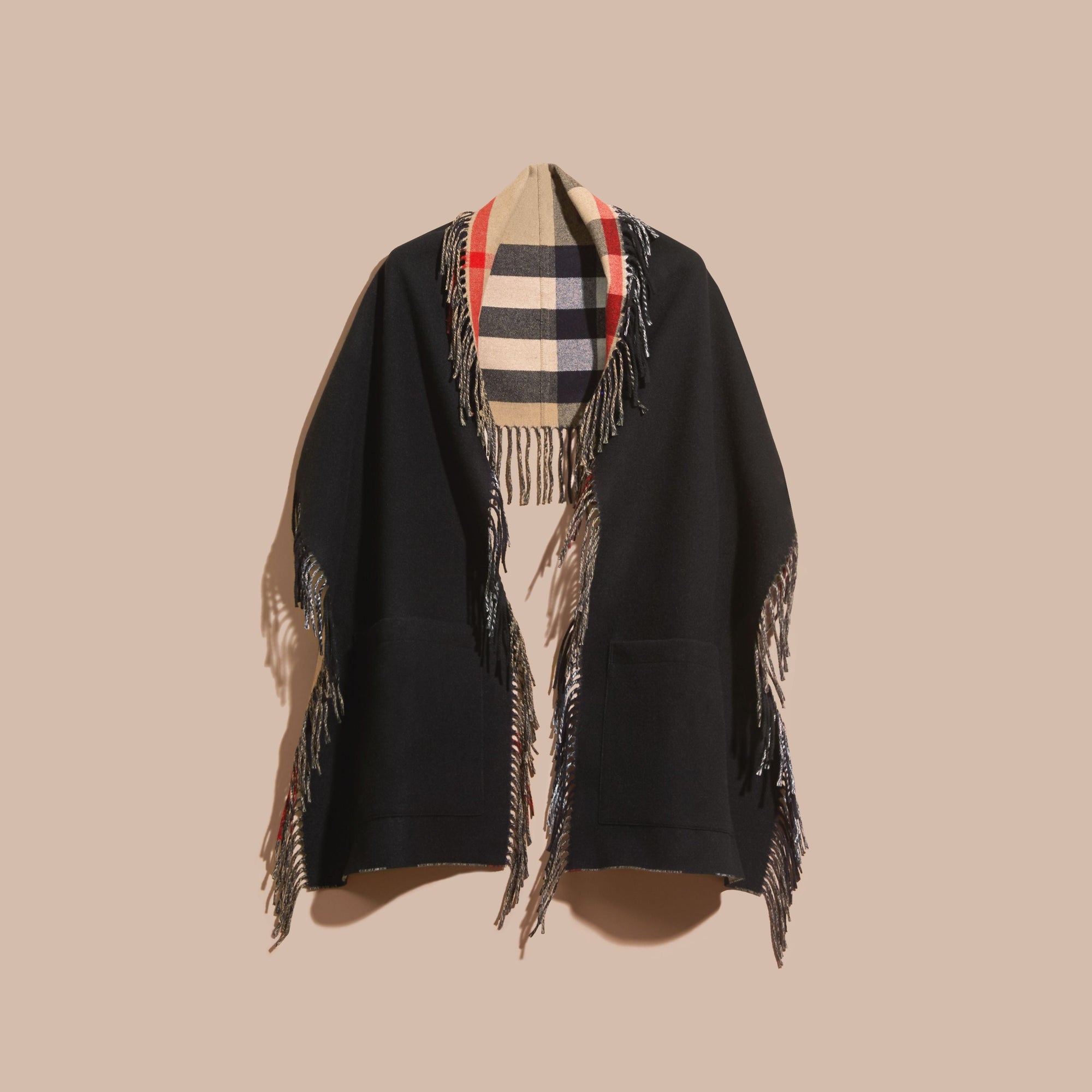 CAMEL/BLACK Étole en laine mérinos et cachemire à franges