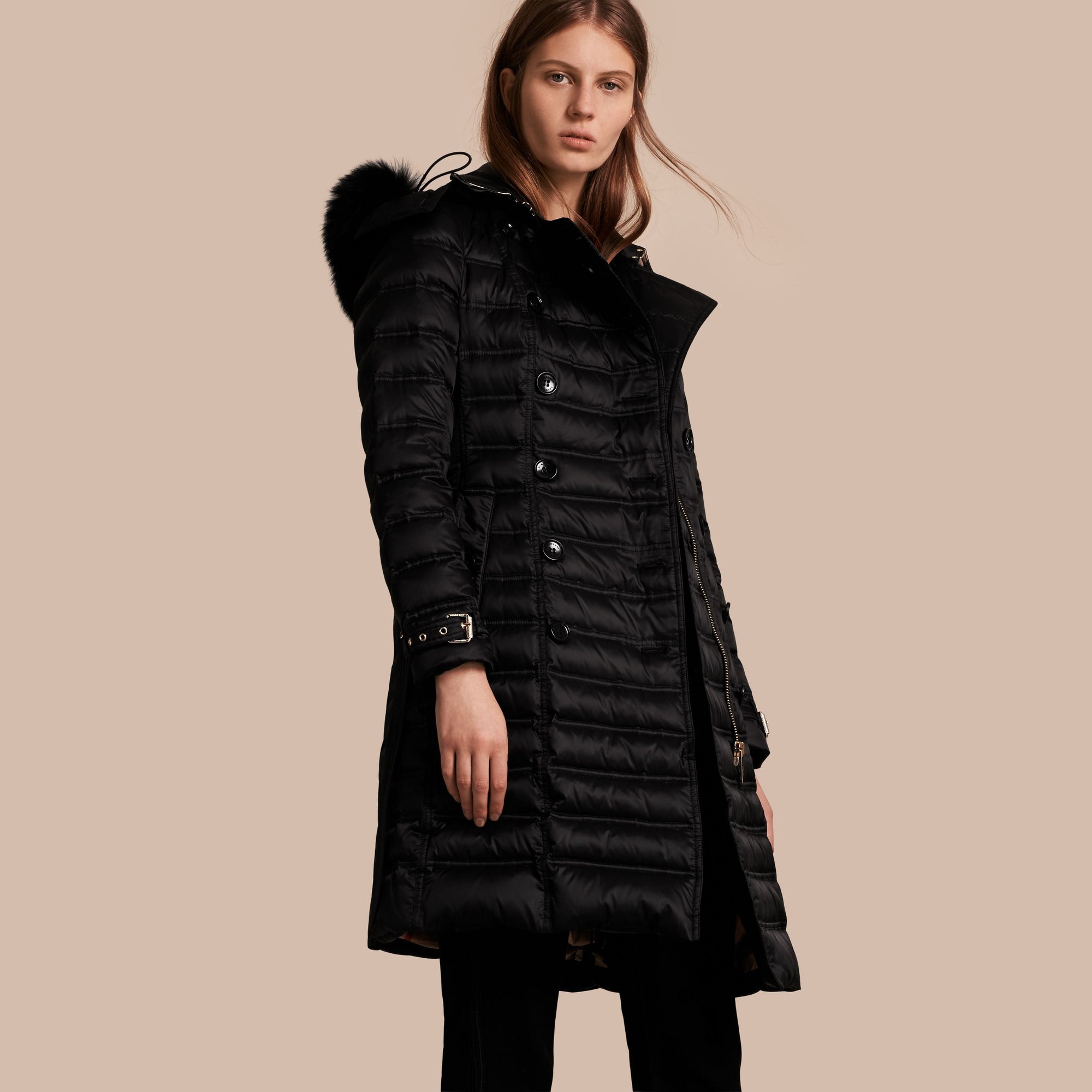 BLACK Doudoune longue rembourrée en duvet avec bordure en fourrure