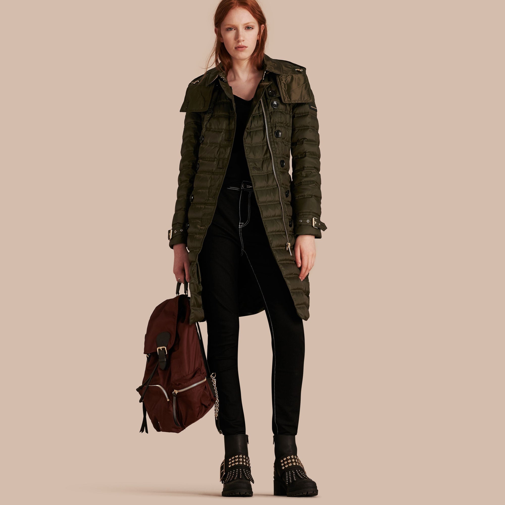 DARK OLIVE Doudoune longue rembourrée en duvet avec capuche amovible