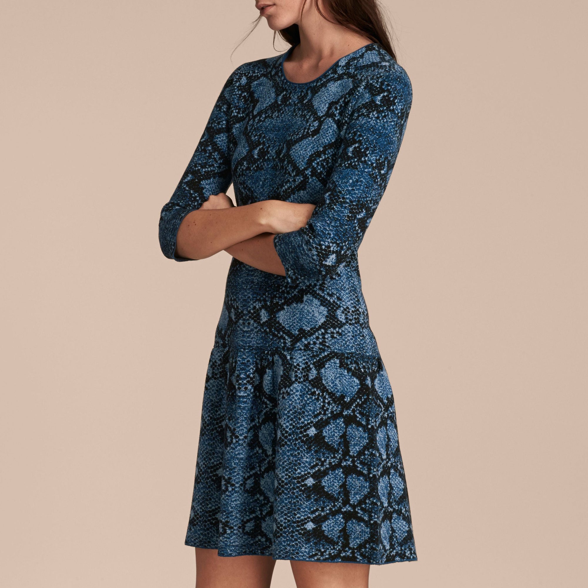 Robe en jacquard de laine mérinos avec imprimé python - Bleu minéral
